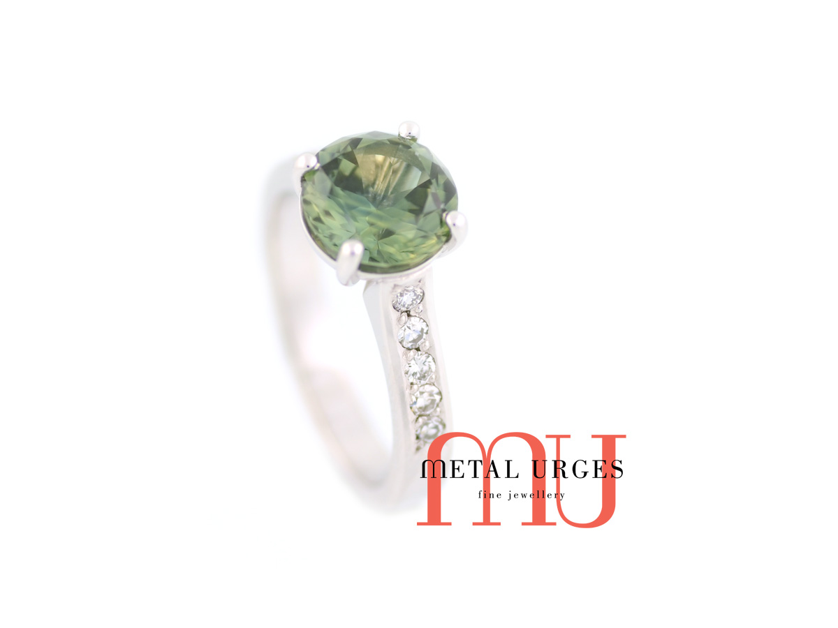 Natural green and yellow parti sapphire and white diamond engagement ring in 18ct white gold. Custom made in Australia.