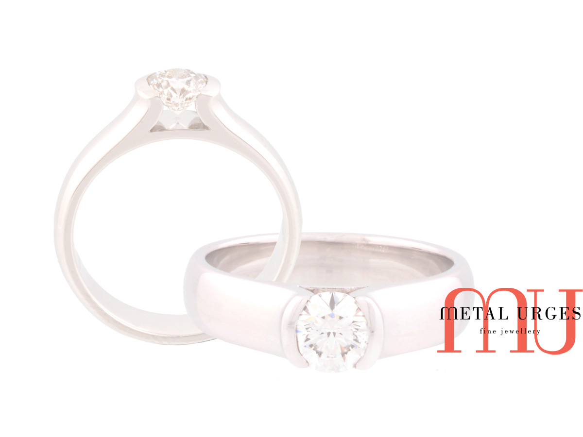 White diamond brilliant cut engagement ring in 18ct white gold.  Hand made in Hobart.