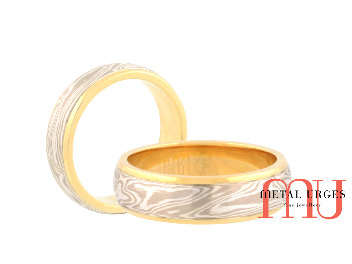 Mokume gane silver, 18ct white and yellow gold wedding ring. Custom made in Australia.