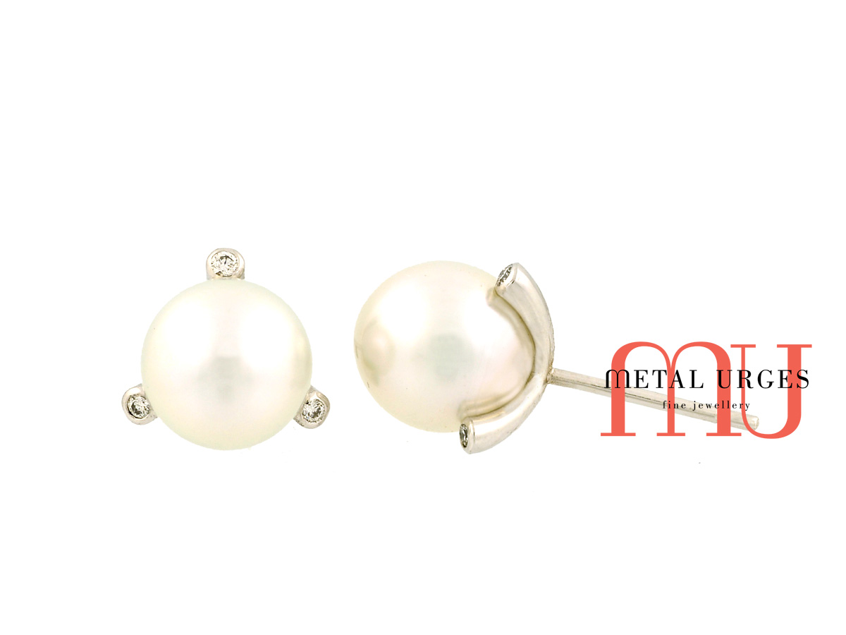 Pearl and diamond earrings in 18ct white gold. Custom made in Australia.
