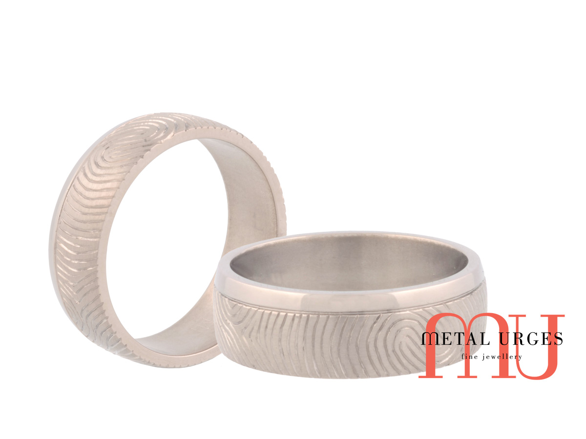 Titanium mens wedding ring with her fingerprint. Custom made in Australia.