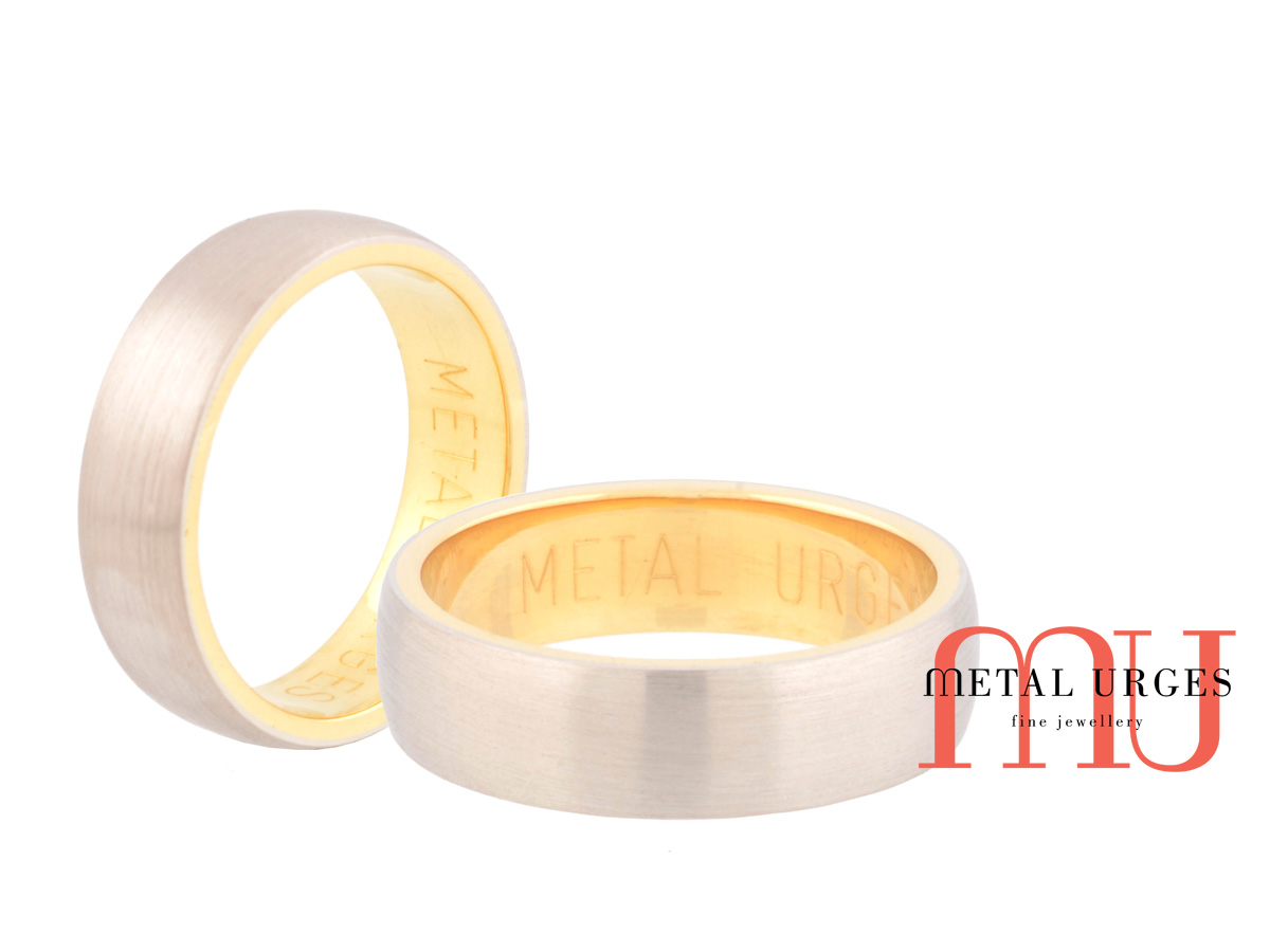 Matte finished titanium and 18ct yellow gold wedding ring. Custom made in Australia.