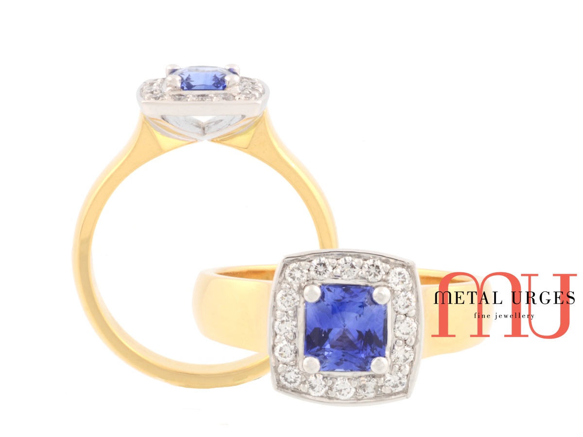 Blue sapphire and white diamond engagement ring. Handmade by our Jewellers, in Hobart Tasmania.