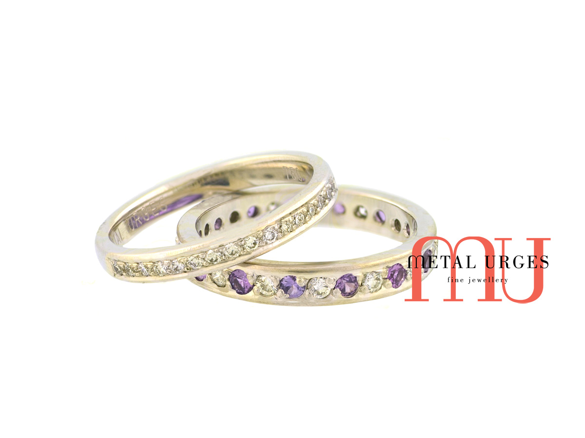 Diamond and purple sapphire 18ct white gold wedding rings. Custom made in Australia.