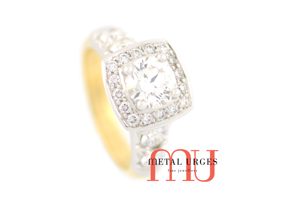 18ct white and yellow gold, round brilliant cut white diamond halo cluster ring.  Custom made in Hobart.