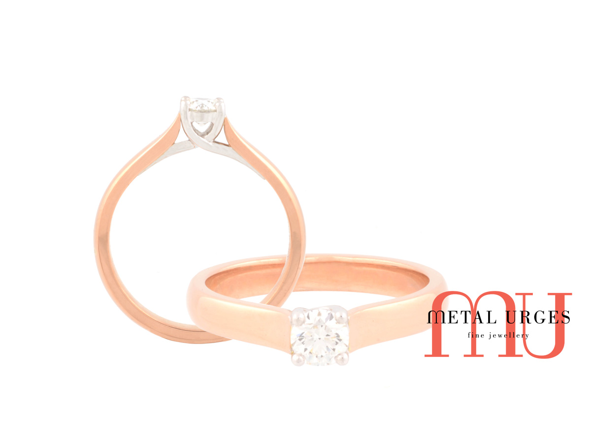 Round brilliant cut white diamond engagement ring in 18ct rose gold.  Handmade in Hobart.