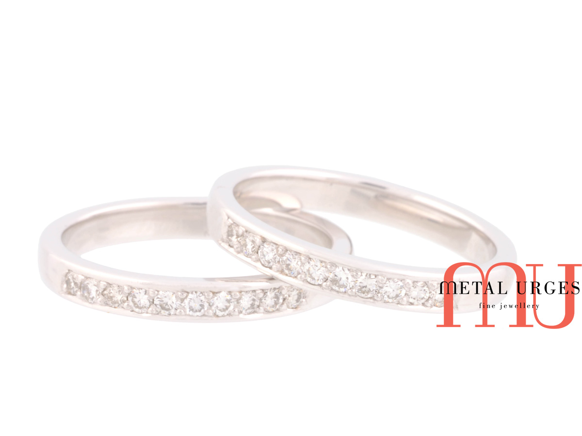 White diamond and platinum wedding rings. Custom made in Australia.