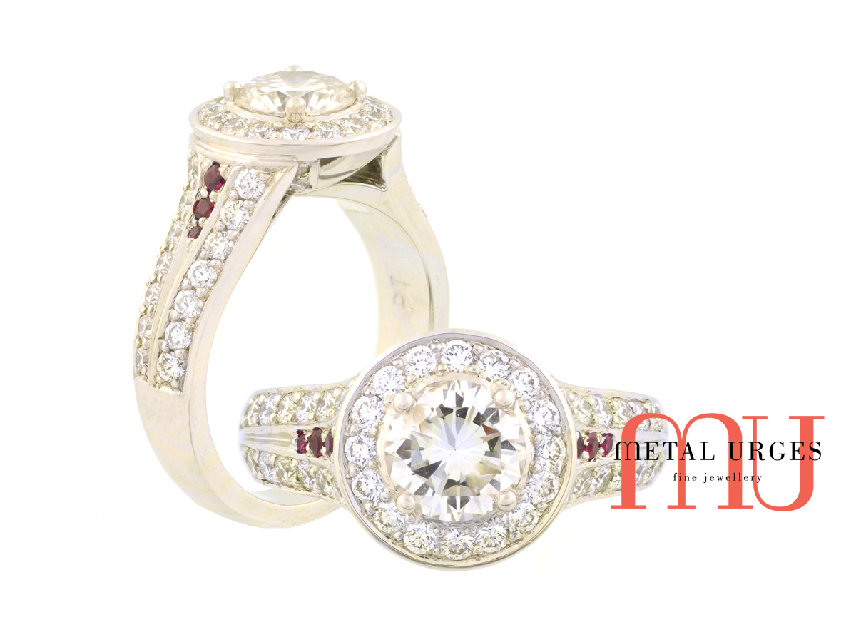 Unique ruby, white diamond and platinum engagement ring. Custom made in Australia.