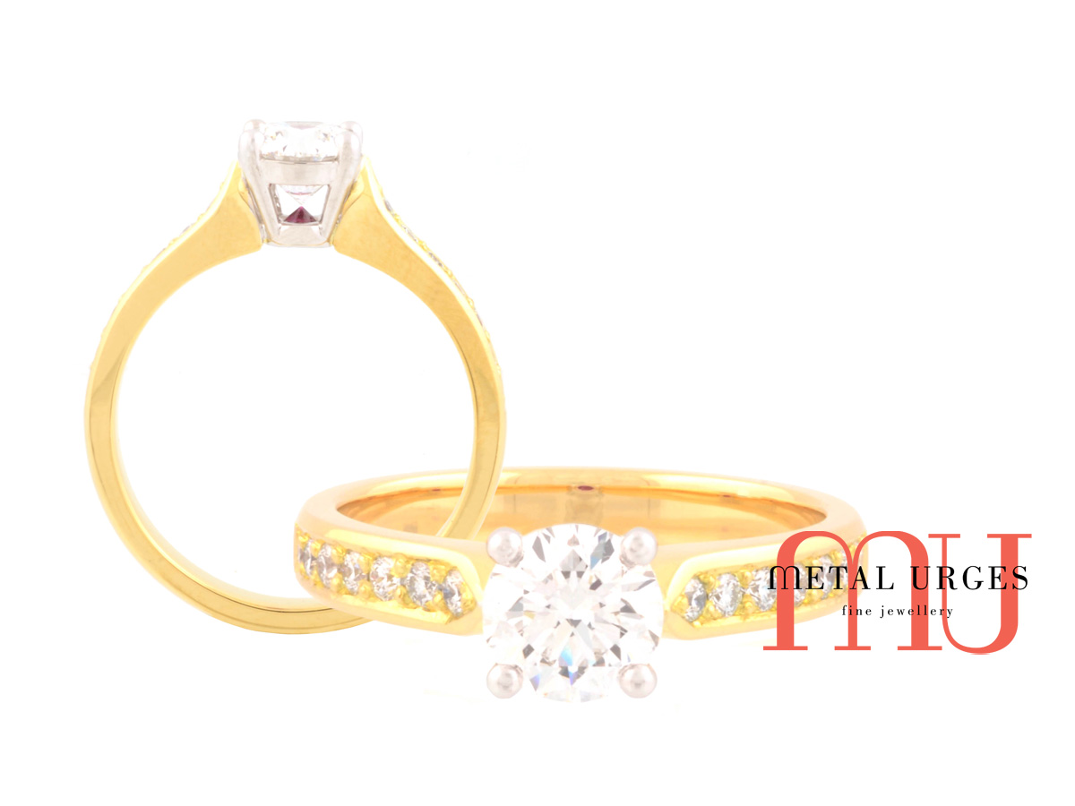 GIA certified round cut white diamond and ruby engagement ring in 18ct yellow gold.  Hand made in Hobart.
