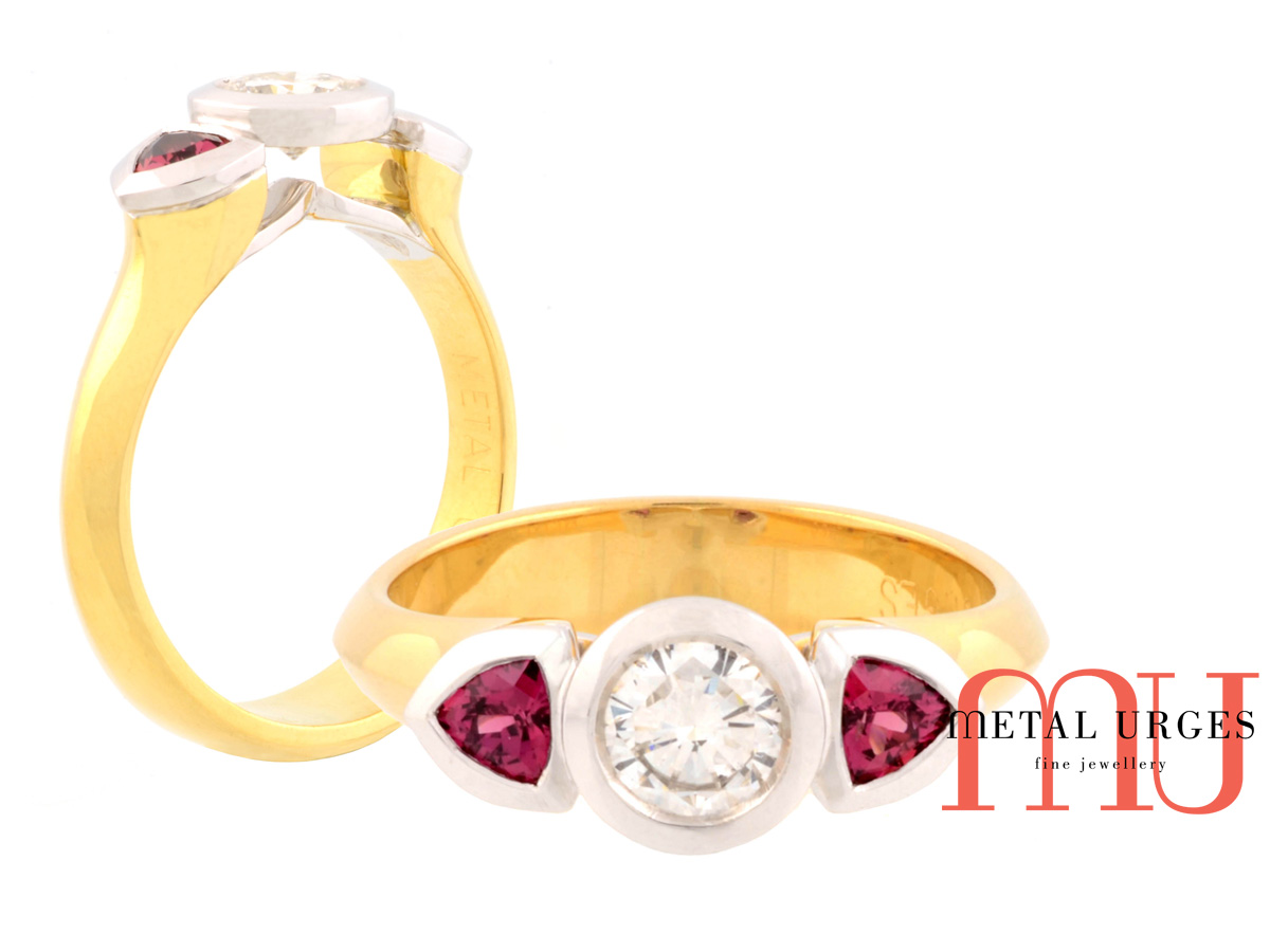Diamond and raspberry red sapphire ring in 18ct white and yellow gold. Hand made in Australia.
