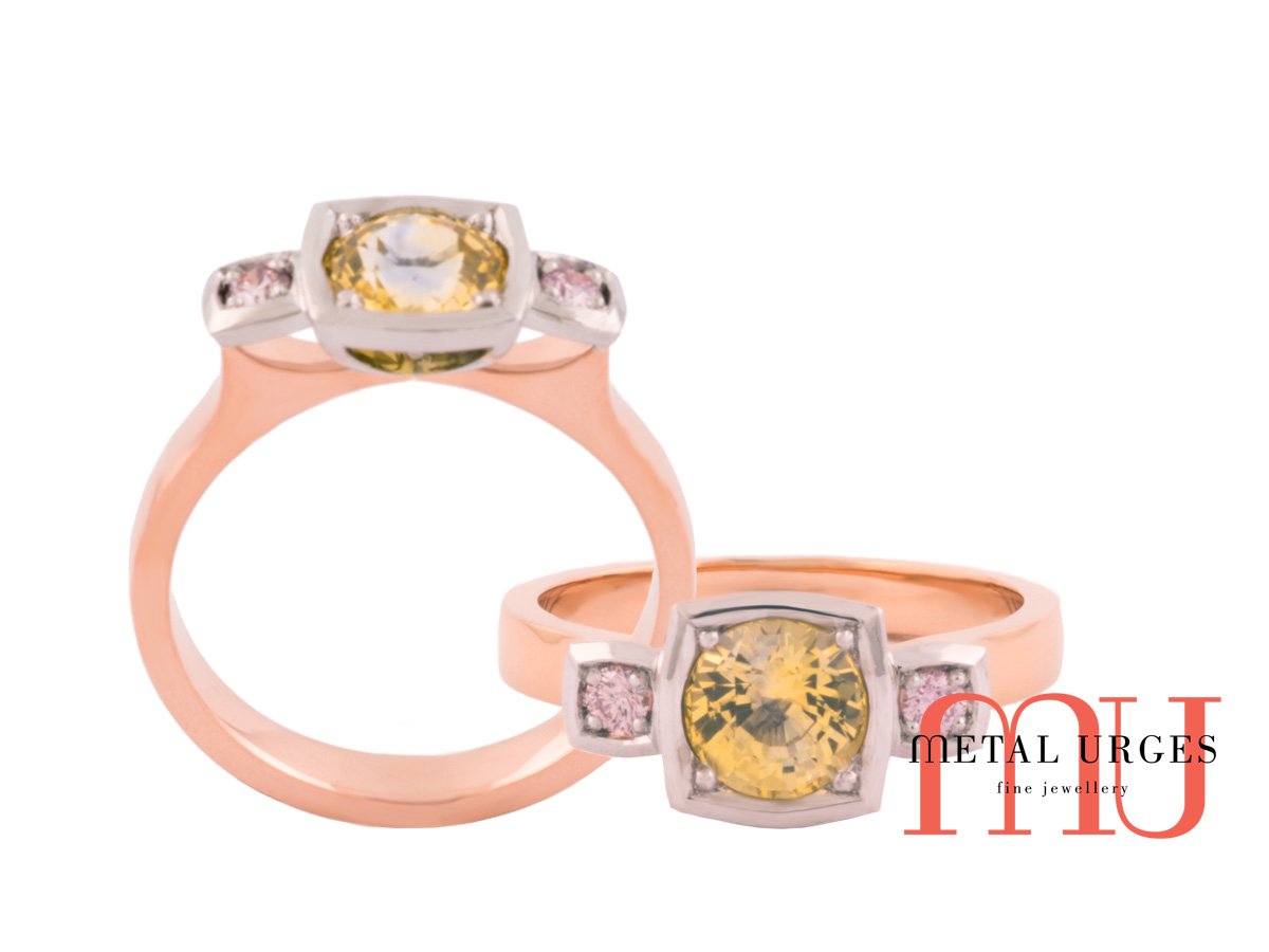 Trilogy of framed yellow sapphire and pink diamond.
