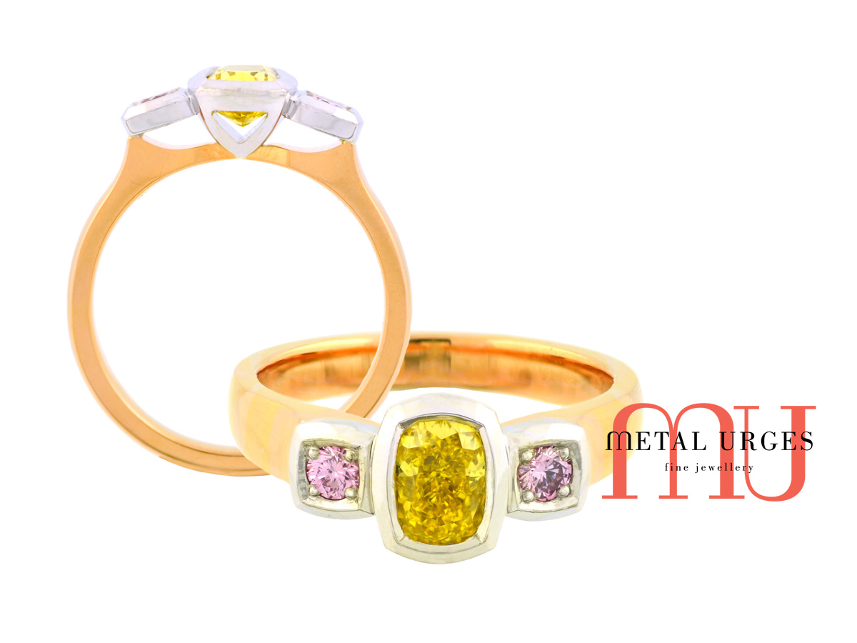 Canary yellow and Argyle pink diamond engagement ring. Custom made by our Jewellers, in Hobart, Tasmania
