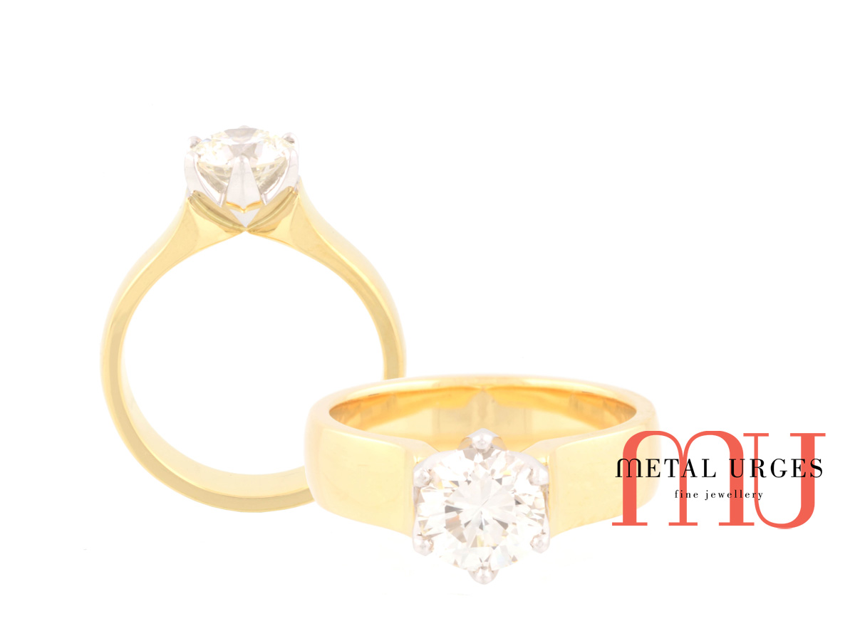 Round brilliant cut white diamond engagement ring with 18ct yellow gold band. Hand made in Hobart.